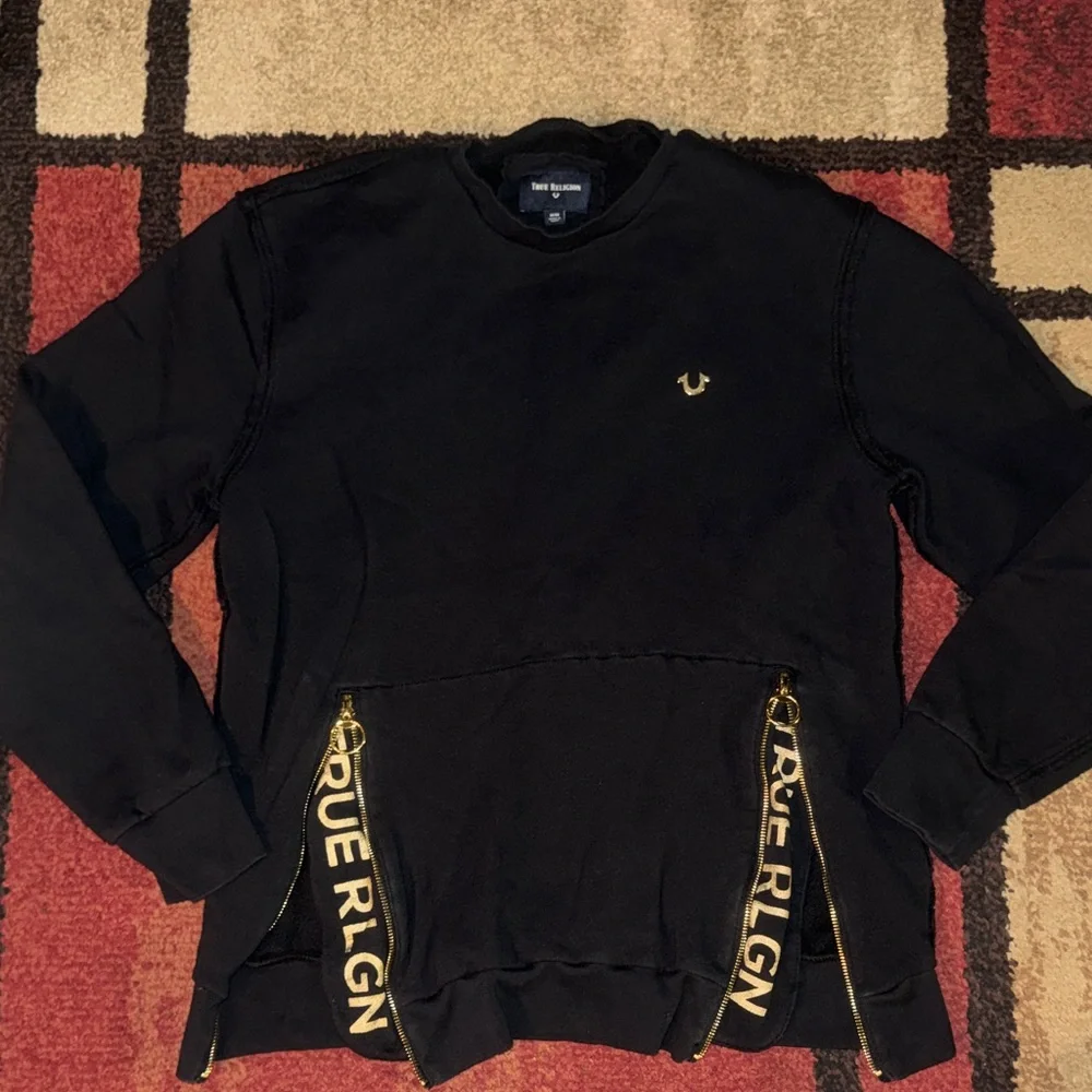 True Religion black sweatshirt‎ with gold zips.